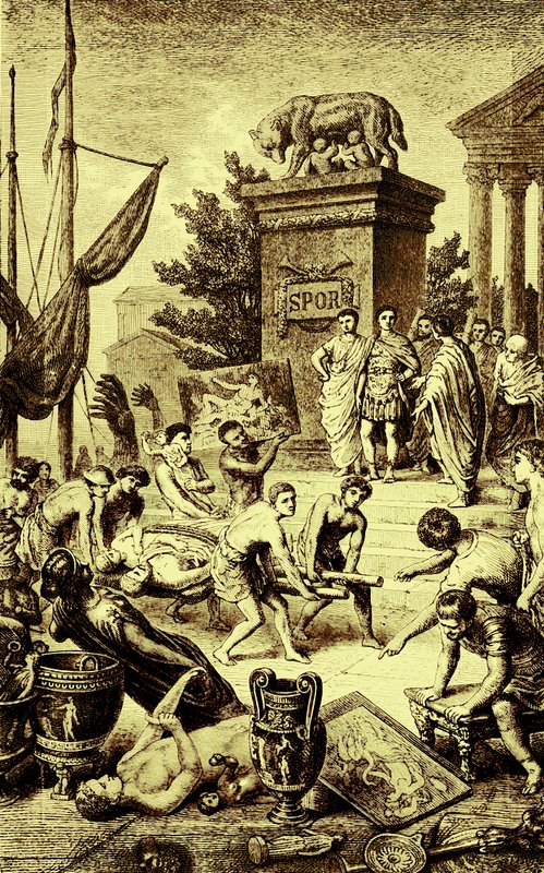 Grekisk kultur - statyer och konstverk fraktade till Rom, illustration från The Illustrated History of the World, publicerad ca 1880 (digitalt förbättrad bild) av English School