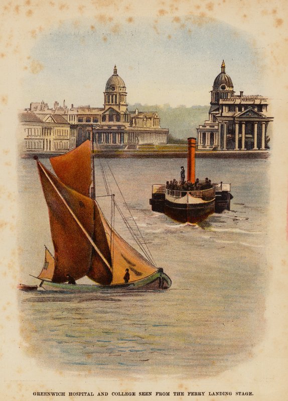 Greenwich Hospital and college sett från färjeläget (färglitografi) av English School