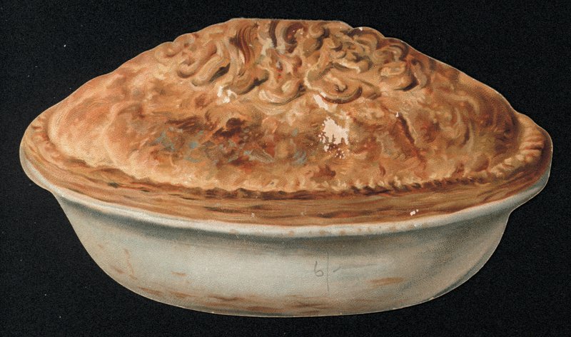 Hälsningskort i form av en paj. (chromolitho) av English School