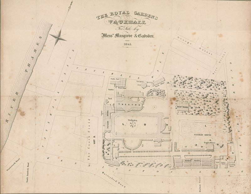 Markplan för Vauxhall Gardens, London av English School