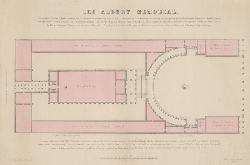Grundplan för Albert Memorial, som föreslagits vid Burlington House av English School