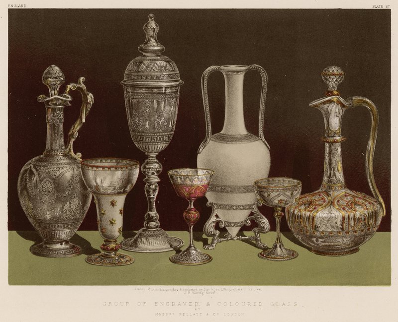 Grupp av graverat och färgat glas av herrarna Pellatt och Co, London av English School
