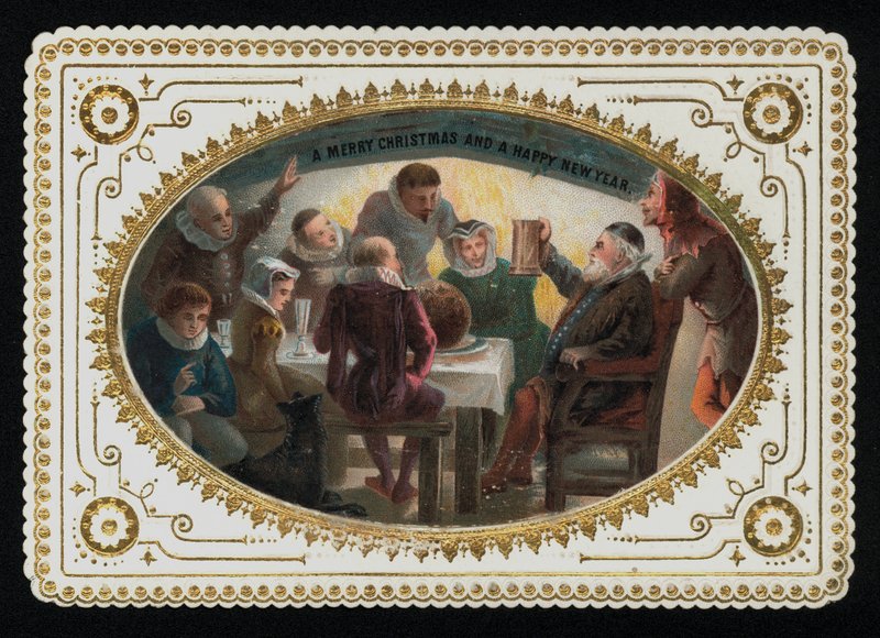 Grupp män och kvinnor från 1500-talet som skålar för högtiden, julhälsningskort (chromolitho) av English School