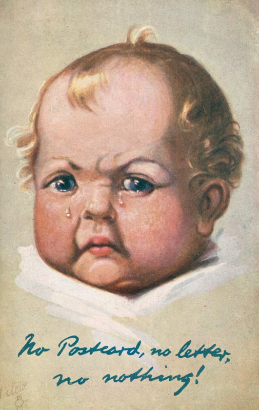 Grinig baby som gråter (färg litho) av English School