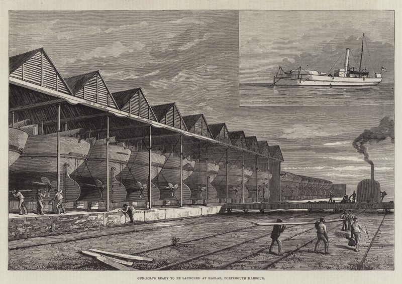 Gun-Boats redo att sjösättas vid Haslar, Portsmouth Harbour (gravyr) av English School