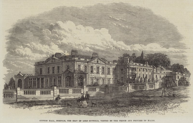 Gunton Hall, Norfolk, Lord Suffields residens, besökt av prinsen och prinsessan av Wales (gravyr) av English School
