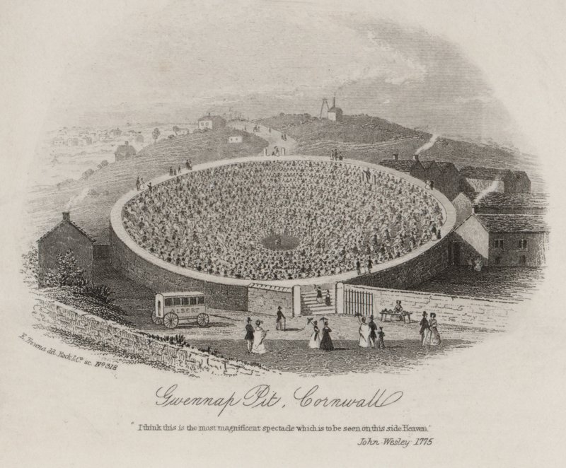 Gwennap Pit, Cornwall, där John Wesley predikade vid ett flertal tillfällen mellan 1762 och 1789 (gravyr) av English School