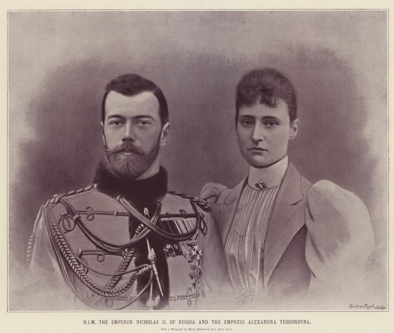 HEM kejsaren Nikolaj II av Ryssland och kejsarinnan Alexandra Feodorovna (färglitografi) av English School