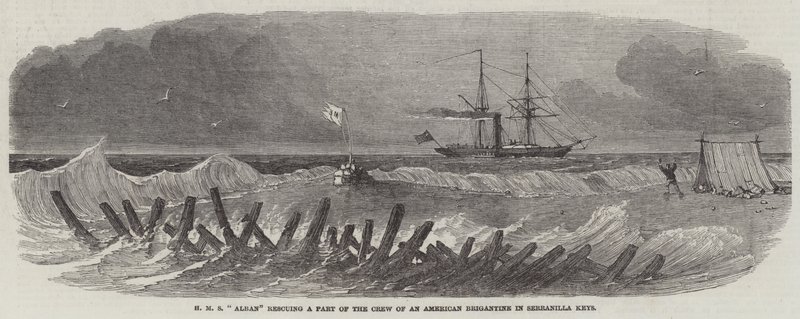 HMS "Alban" räddar en del av besättningen på en amerikansk brigantin i Serranilla Keys (gravyr) av English School