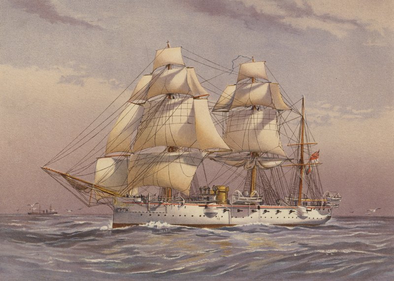 HMS Calliope, kryssare av 3:e klass (färglitografi) av English School