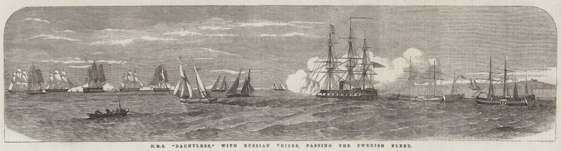 HMS "Dauntless", med ryska priser, passerar den svenska flottan (gravyr) av English School