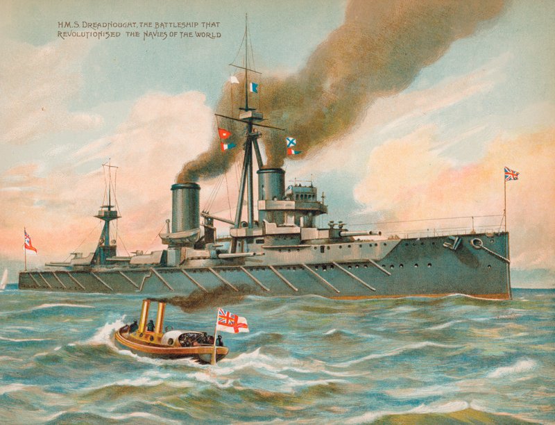 HMS Dreadnought, brittiskt slagskepp som revolutionerade sjömakten (chromolitho) av English School