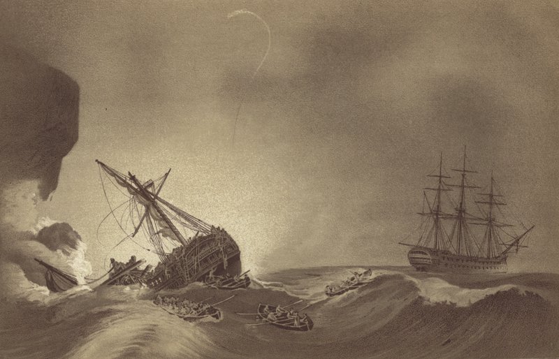 HMS Impetueux, under befäl av kapten Thomas Byam Martin, räddade besättningen på HMS Venerable, under befäl av kapten J Hunter, förliste i Torbay, Devon, 24 november 1804 (litho) av English School