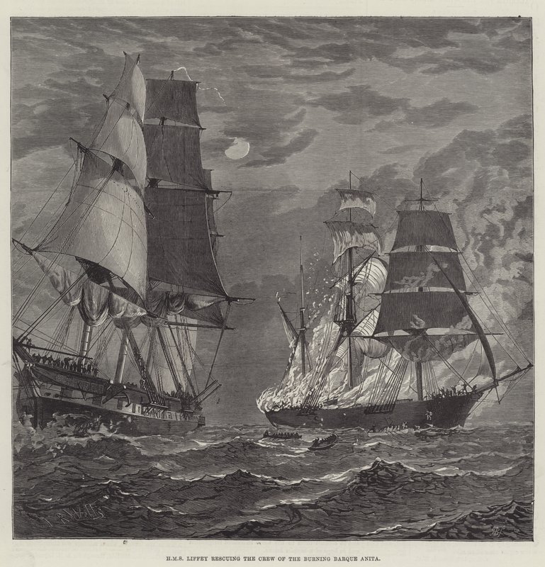HMS Liffey räddar besättningen på den brinnande barken Anita (gravyr) av English School
