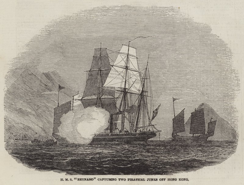 HMS "Reynard" fångar Two Piratical Junks utanför Hong Kong (gravyr) av English School