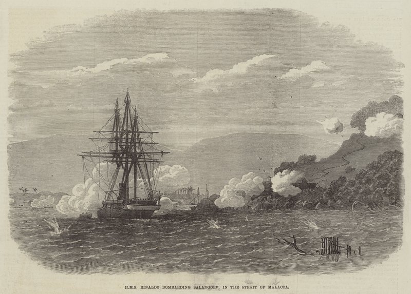HMS Rinaldo bombarderar Salangore, i Malackasundet (gravyr) av English School