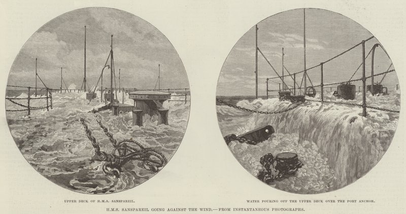 HMS Sanspareil går mot vinden (gravyr) av English School