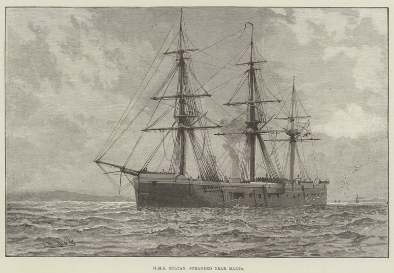 HMS Sultan, strandsatt nära Malta (gravyr) av English School