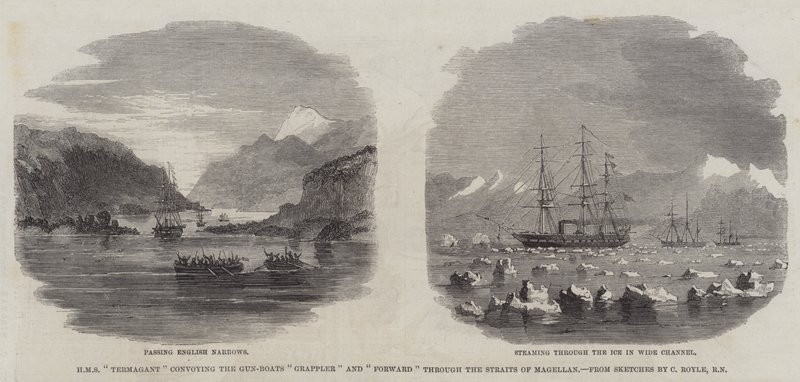 HMS "Termagant" konvojerar Gun-Boats "Grappler" och "Forward" genom Magellansundet (gravyr) av English School