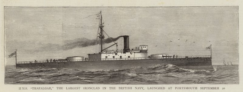 HMS "Trafalgar", den största järnklädda i den brittiska flottan, sjösatt i Portsmouth 20 september (gravyr) av English School