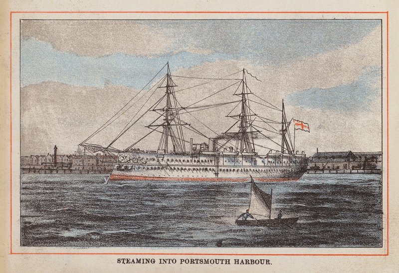 HM Indian Troop-Ship: Ångande in i Portsmouths hamn (gravyr i färg) av English School