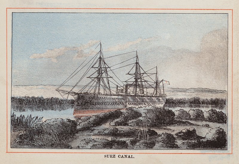 HM Indian Troop-Ship: Suezkanalen (gravyr i färg) av English School