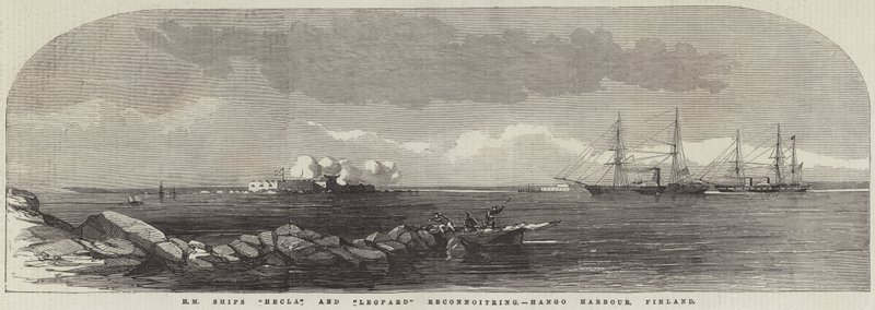 HM Ships "Hecla" och "Leopard" rekognoscerar, Hango Harbour, Finland (gravyr) av English School