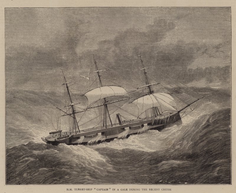 HM Turret-Ship "Captain" i en storm under den senaste kryssningen (gravyr) av English School