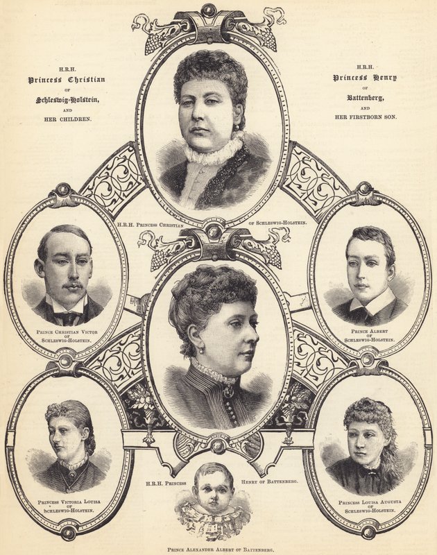 HKH Prinsessan Christian av Schleswig-Holstein och HKH Prinsessan Henrik av Battenberg och deras barn (gravyr) av English School