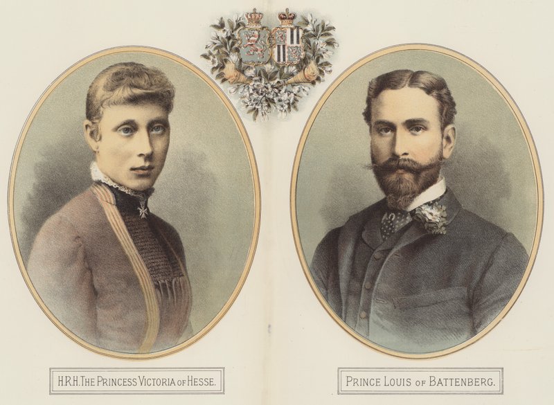 HKH prinsessan Victoria av Hessen och prins Louis av Battenberg (färg litho) av English School