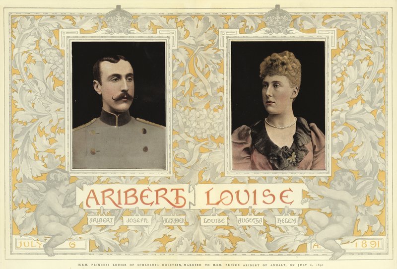 H R H Prinsessan Louise av Schleswig Holstein, gift med H S H Prins Aribert av Anhalt, den 6 juli 1891 (färglitografi) av English School
