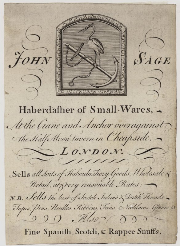 Sybehör, John Sage, handelskort av English School