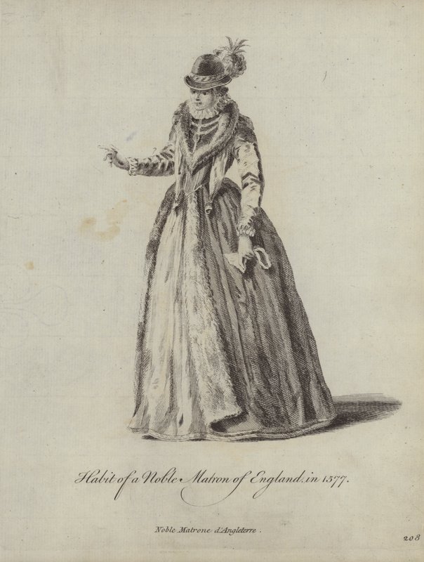 Klädsel för en adlig matrona i England 1577 (gravyr) av English School