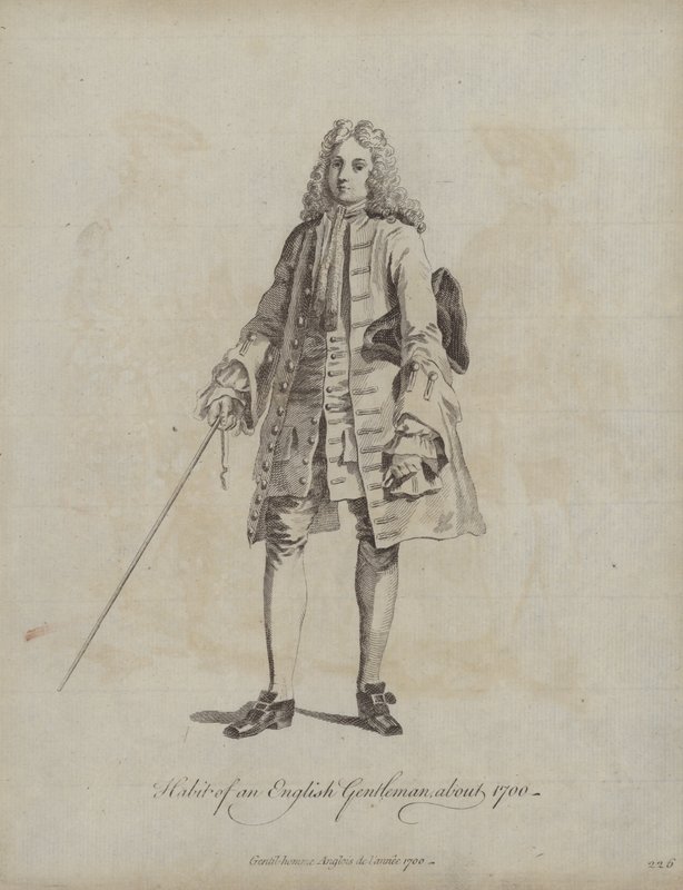 En engelsk gentlemans klädedräkt omkring 1700 (gravyr) av English School