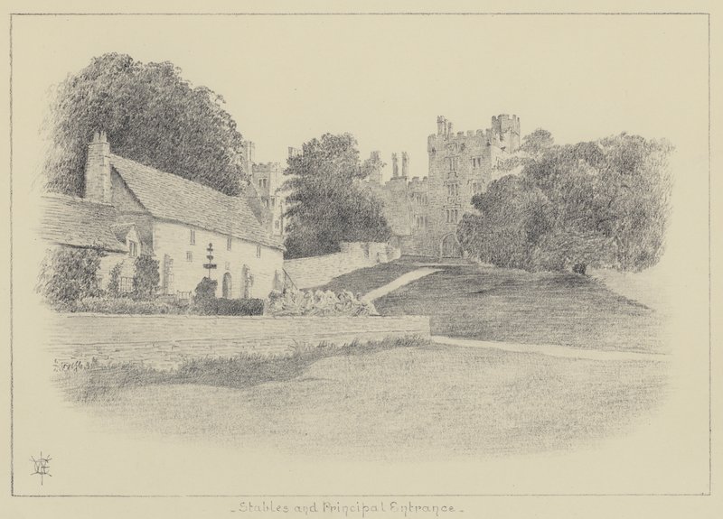 Haddon Hall, stall och huvudingång (litho) av English School