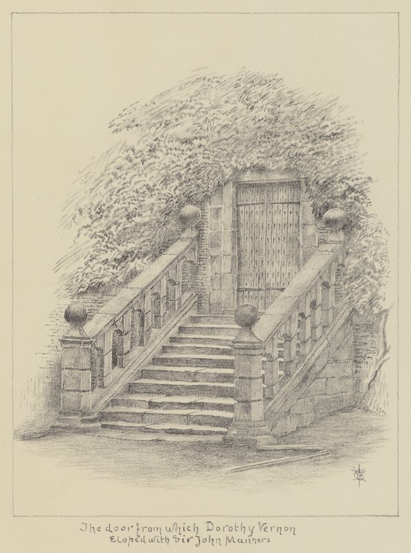 Haddon Hall, dörren från vilken Dorothy Vernon rymde med Sir John Manners (litho) av English School