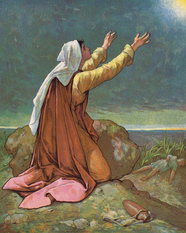 Hagar och Ismael i öknen (färglitografi) av English School