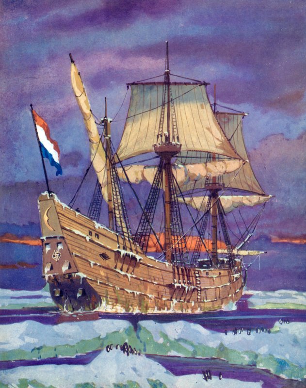 Halve Maen, eller Half Moon, Henry Hudson (färg litho) av English School