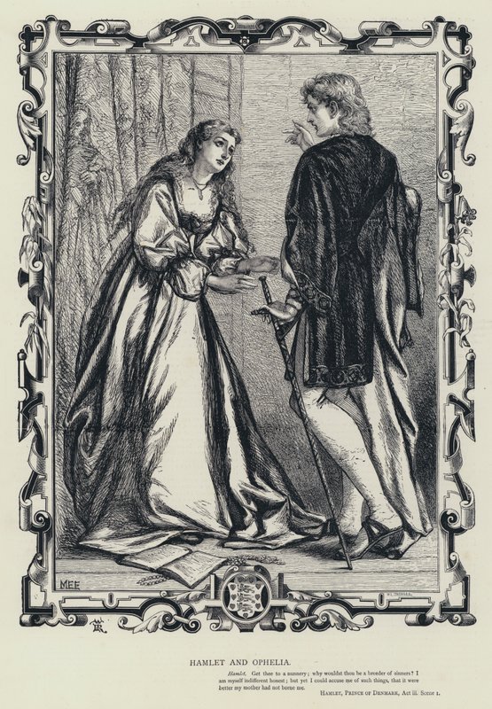 Hamlet och Ophelia, Hamlet, prins av Danmark, akt III, scen 1 (gravyr) av English School