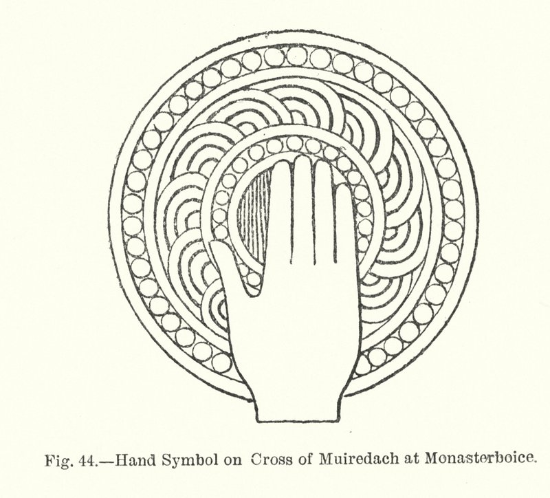 Handsymbol på korset av Muiredach vid Monasterboice (gravyr) av English School