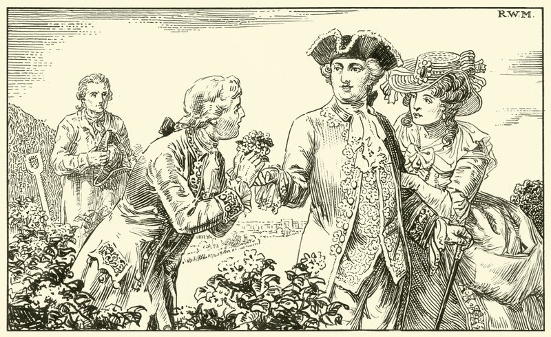 Räckte ett knippe potatisblommor till hans majestät (bläck på papper) av English School