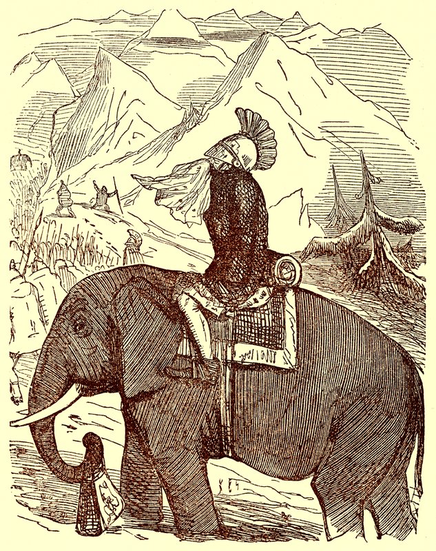 Hannibal Crossing the Alps, illustration från The Comic History of Rome av Gilbert Abbott a Beckett, publicerad ca 1850 (digitalt förbättrad bild) av English School