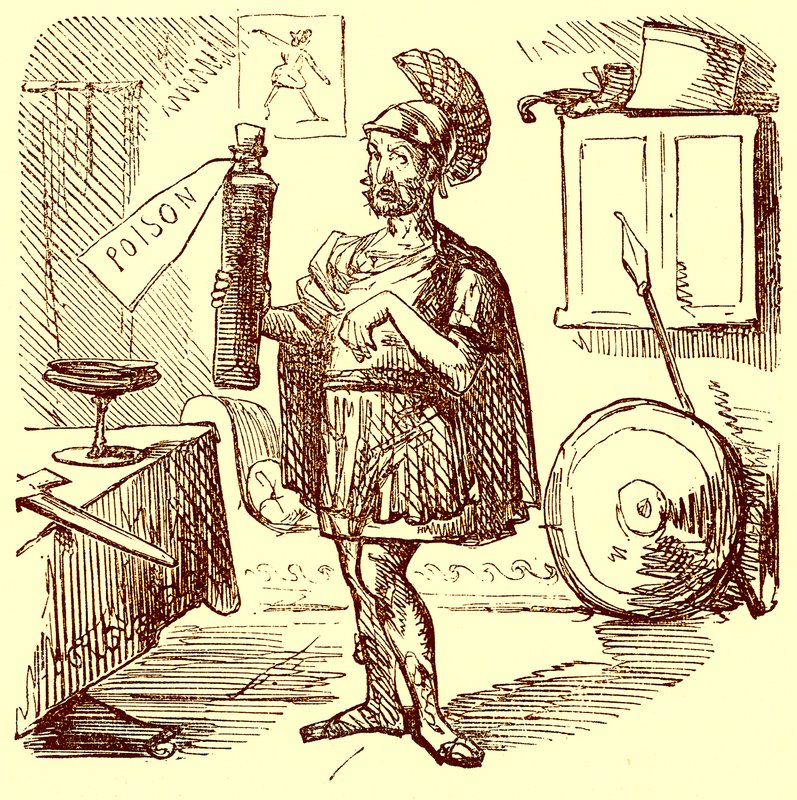 Hannibal gör det vanliga snygga och passande talet Previous to Killing Himself, illustration från The Comic History of Rome av Gilbert Abbott a Beckett, publicerad ca 1850 (digitalt förbättrad bild) av English School