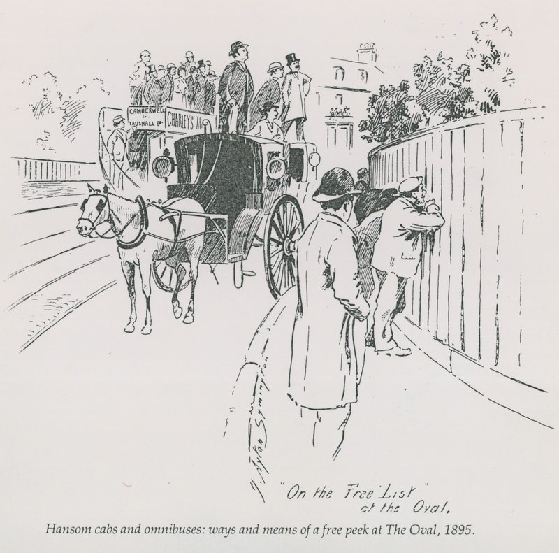 Hansom-hytter och omnibussar - sätt och medel för en gratis titt på The Oval, 1895 av English School