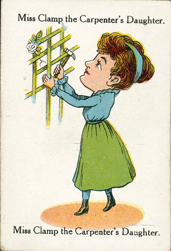 Lyckliga familjer, ca 1920: Miss Clamp, snickarens dotter (färglitografi) av English School