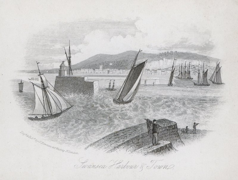 Hamn och stad, Swansea, Wales (gravyr) av English School