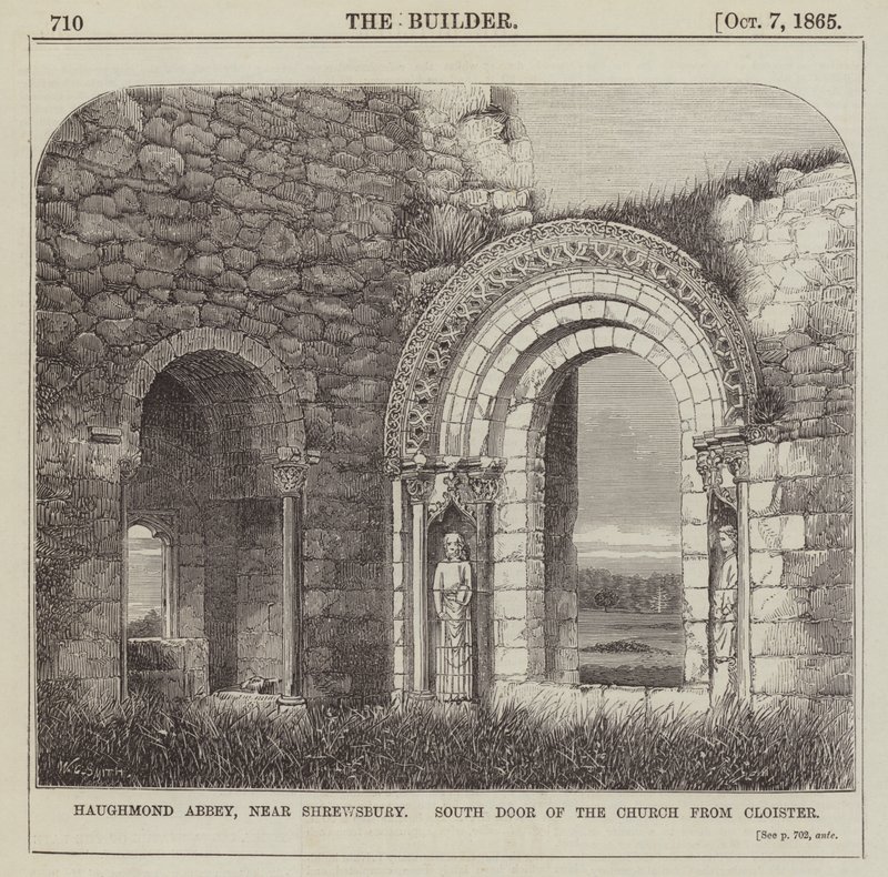 Haughmond Abbey, nära Shrewsbury, södra dörren till kyrkan från Cloister (gravyr) av English School