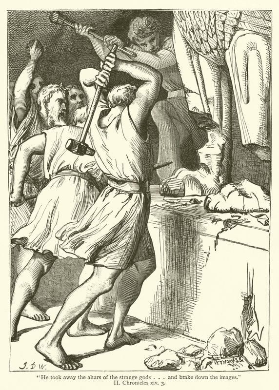 "Han tog bort de främmande gudarnas altare...och bröt ner bilderna", II, Krönika, xiv, 3 (gravyr) av English School