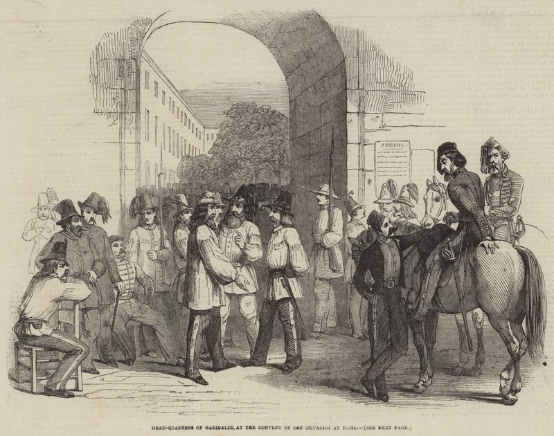 Garibaldis huvudkvarter, vid klostret San Silvestri i Rom (gravyr) av English School