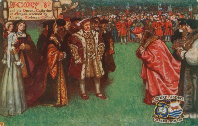 Henrik 8:e och hans drottning, Katarina av Aragon, mottogs av kardinal Wolsey i Oxford, 1518 av English School